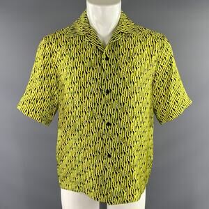 AMIRI SS2020 Size 36 Yellow Lime Logo Silk Button Up Short Sleeve Shirt